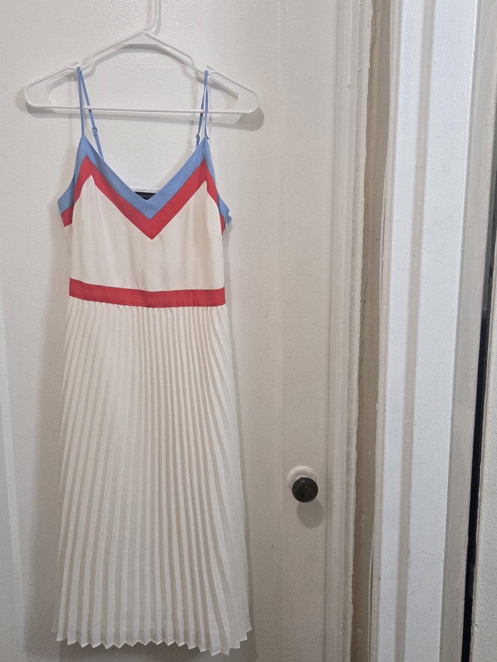 Banana Republic White Pleated Midi Dress with Blue and Red Accents